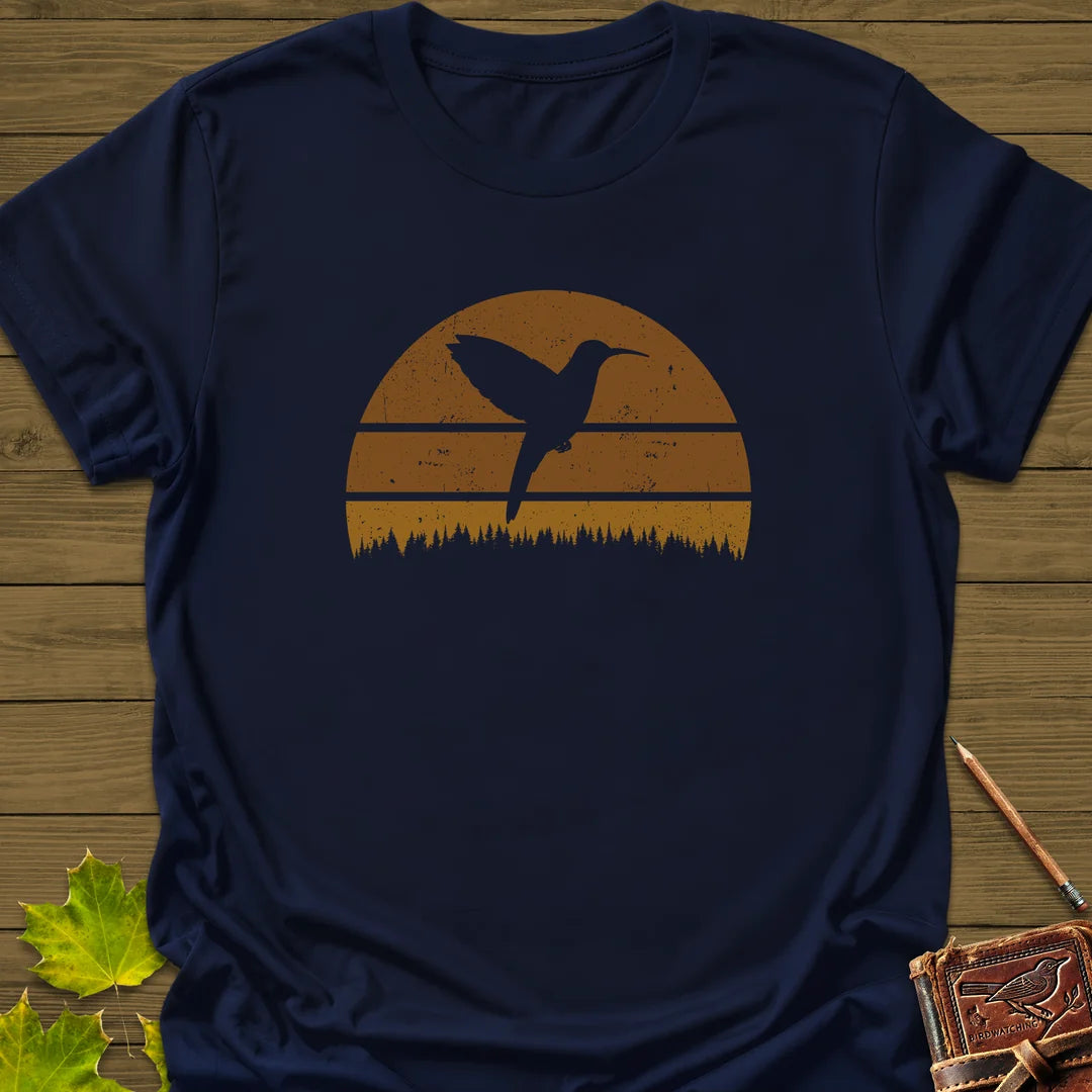 Retro Sunset Hummingbird T-Shirt in Navy