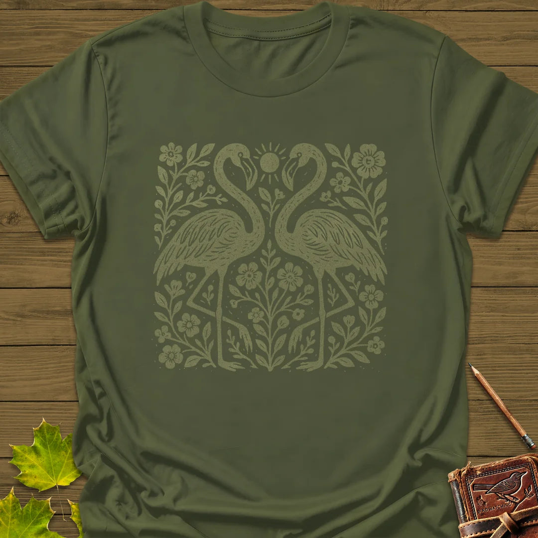 Flamingo Boho Print T-Shirt in Military Green