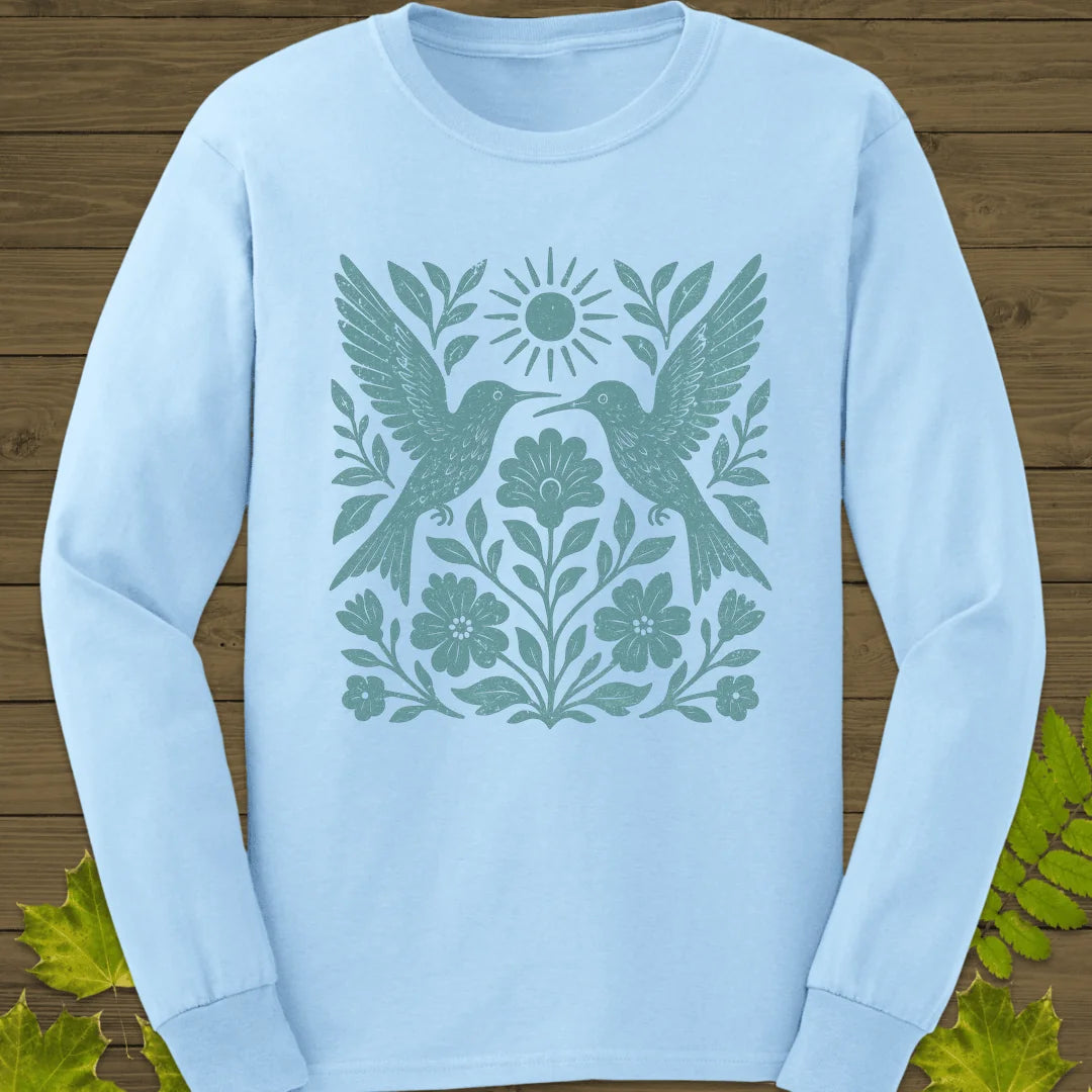 Hummingbird Folk Art Print Long Sleeve in Light Blue