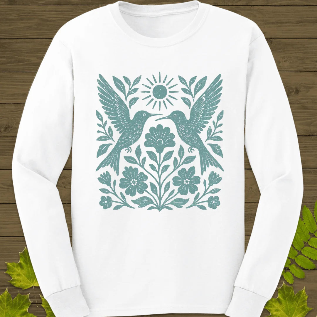 Hummingbird Folk Art Print Long Sleeve in White