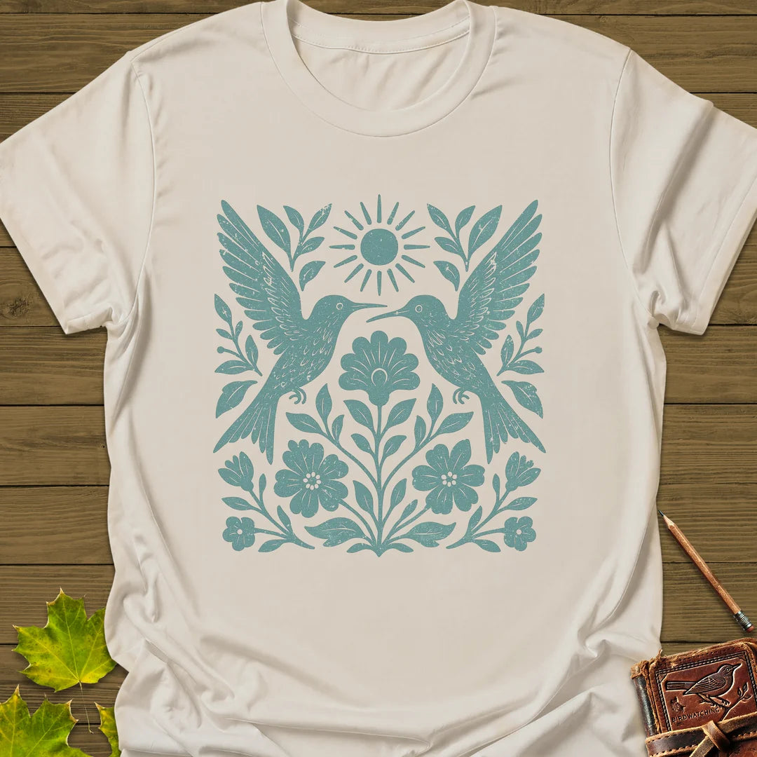 Hummingbird Folk Art Print T-Shirt in Natural
