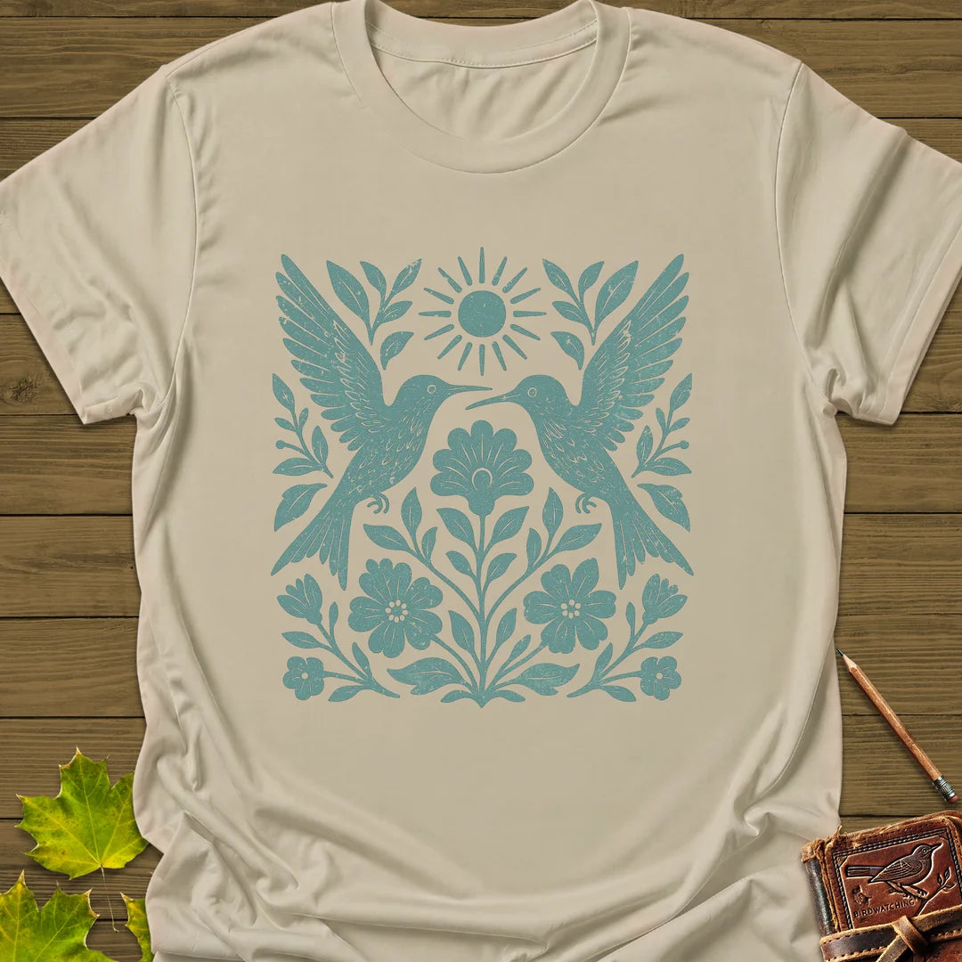 Hummingbird Folk Art Print T-Shirt in Sand