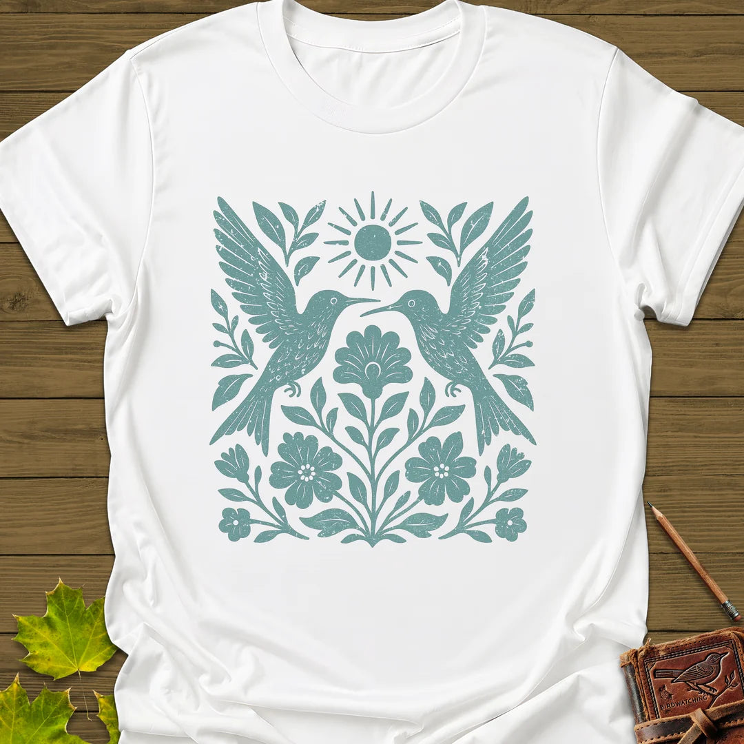 Hummingbird Folk Art Print T-Shirt in White