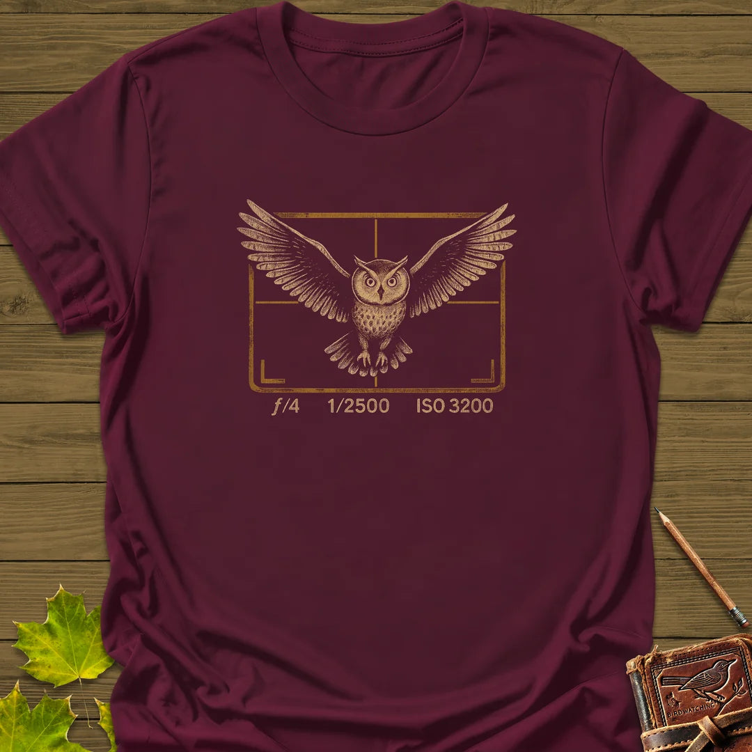 Owl and Camera Frame T-Shirt in Maroon