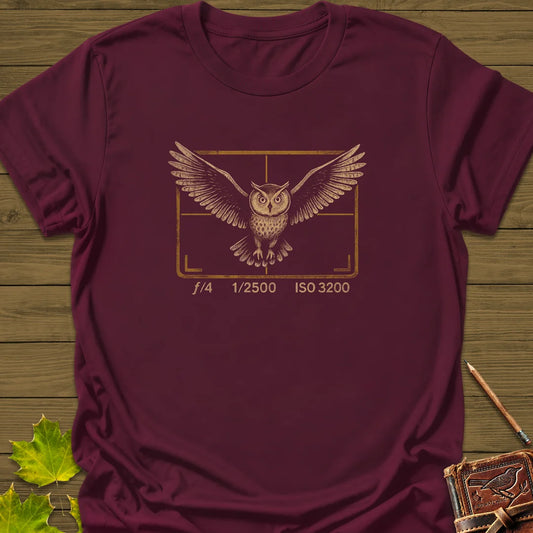 Owl and Camera Frame T-Shirt in Maroon