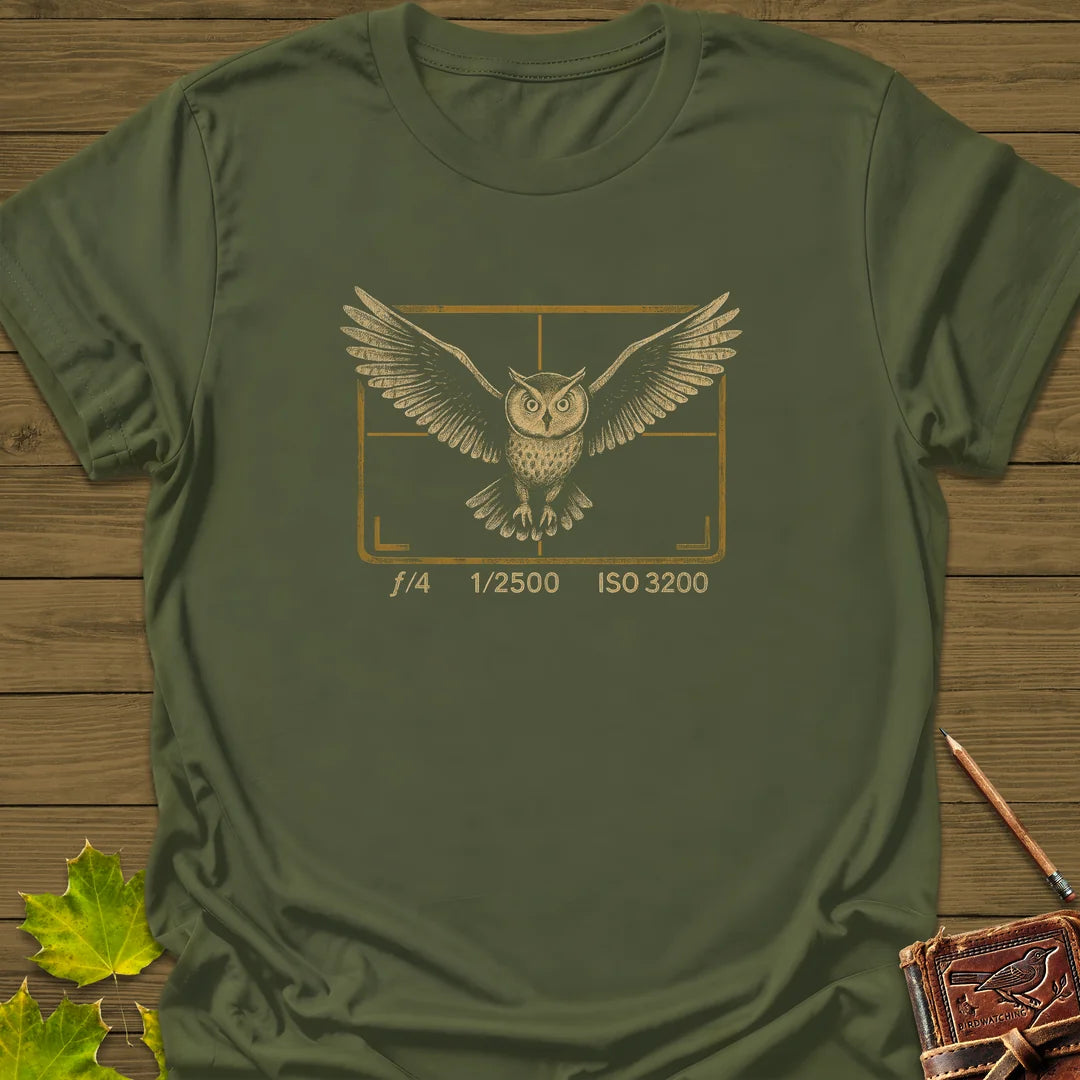Owl and Camera Frame T-Shirt in Military Green