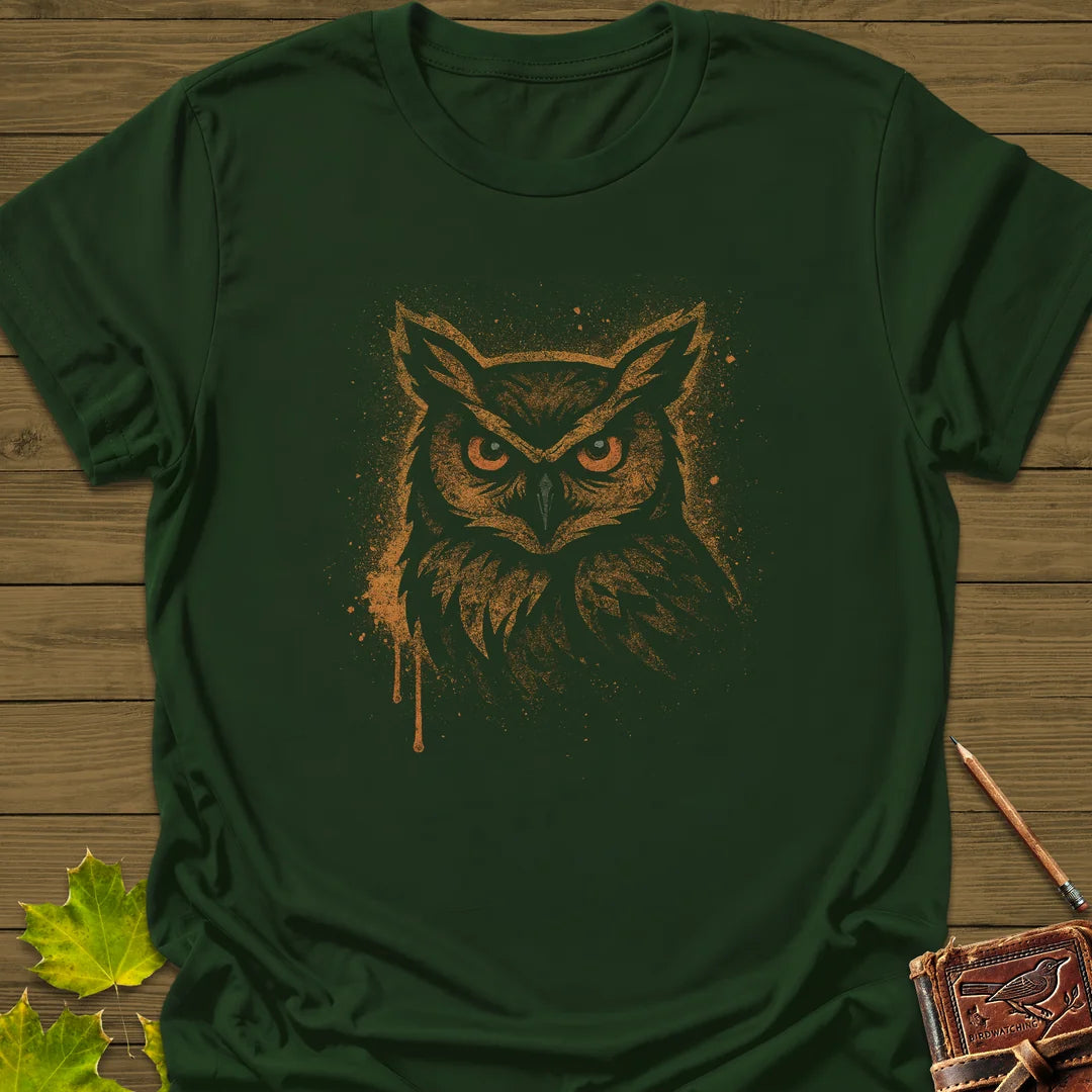 Great Horned Owl Art T-Shirt in Forest Green
