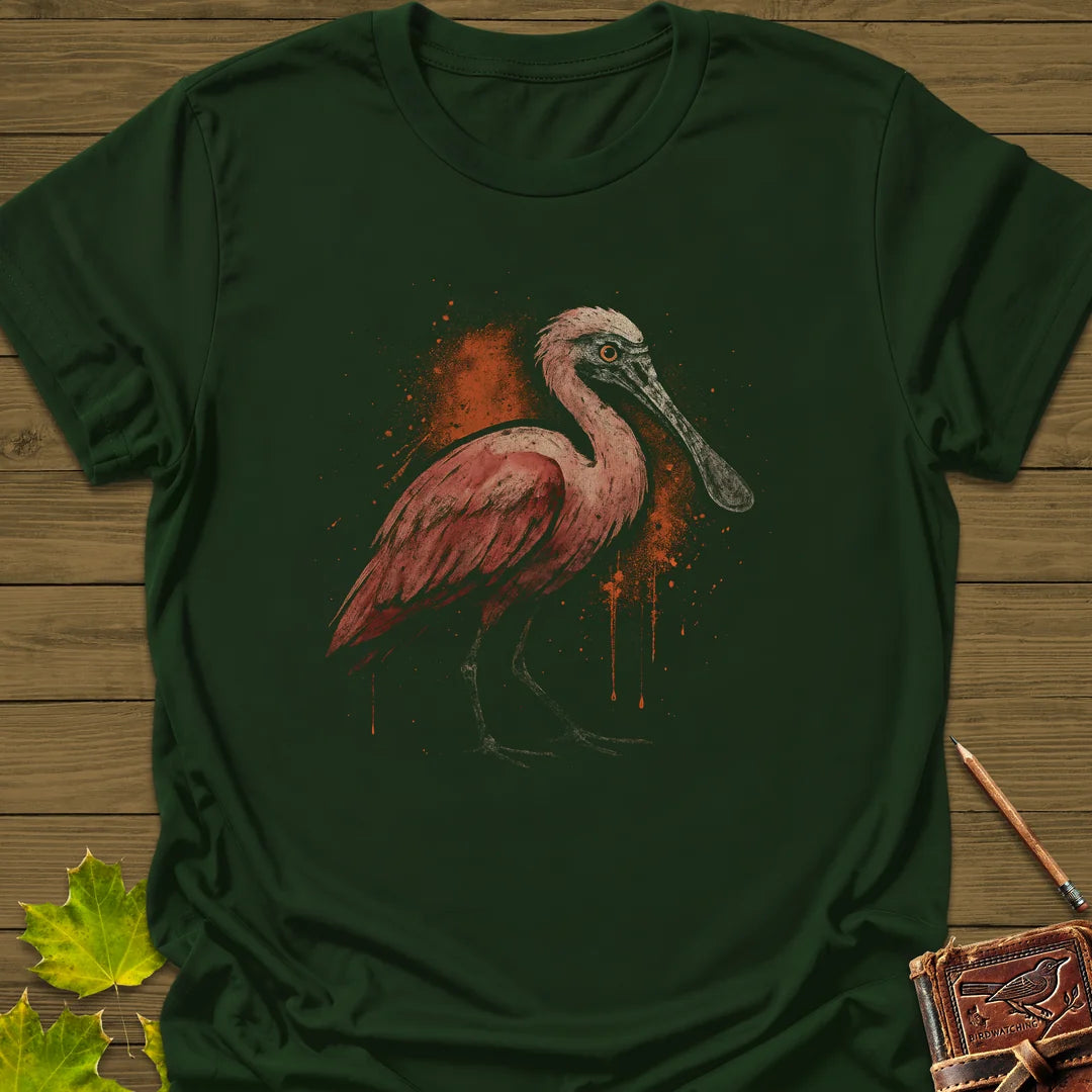 Roseate Spoonbill Art T-Shirt in Forest Green
