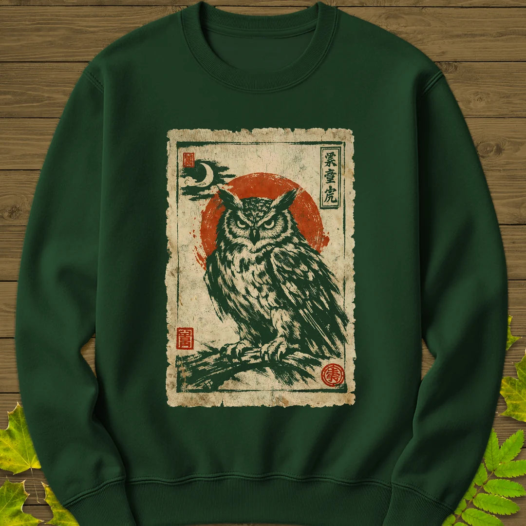 Owl Japanese Art Sweatshirt in Forest Green