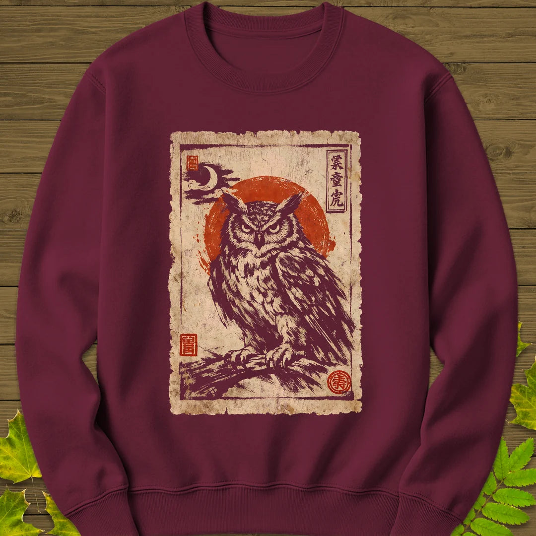 Owl Japanese Art Sweatshirt in Maroon
