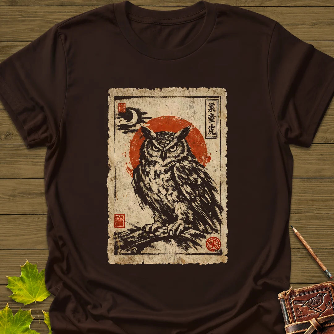Owl Japanese Art T-Shirt in Dark Chocolate