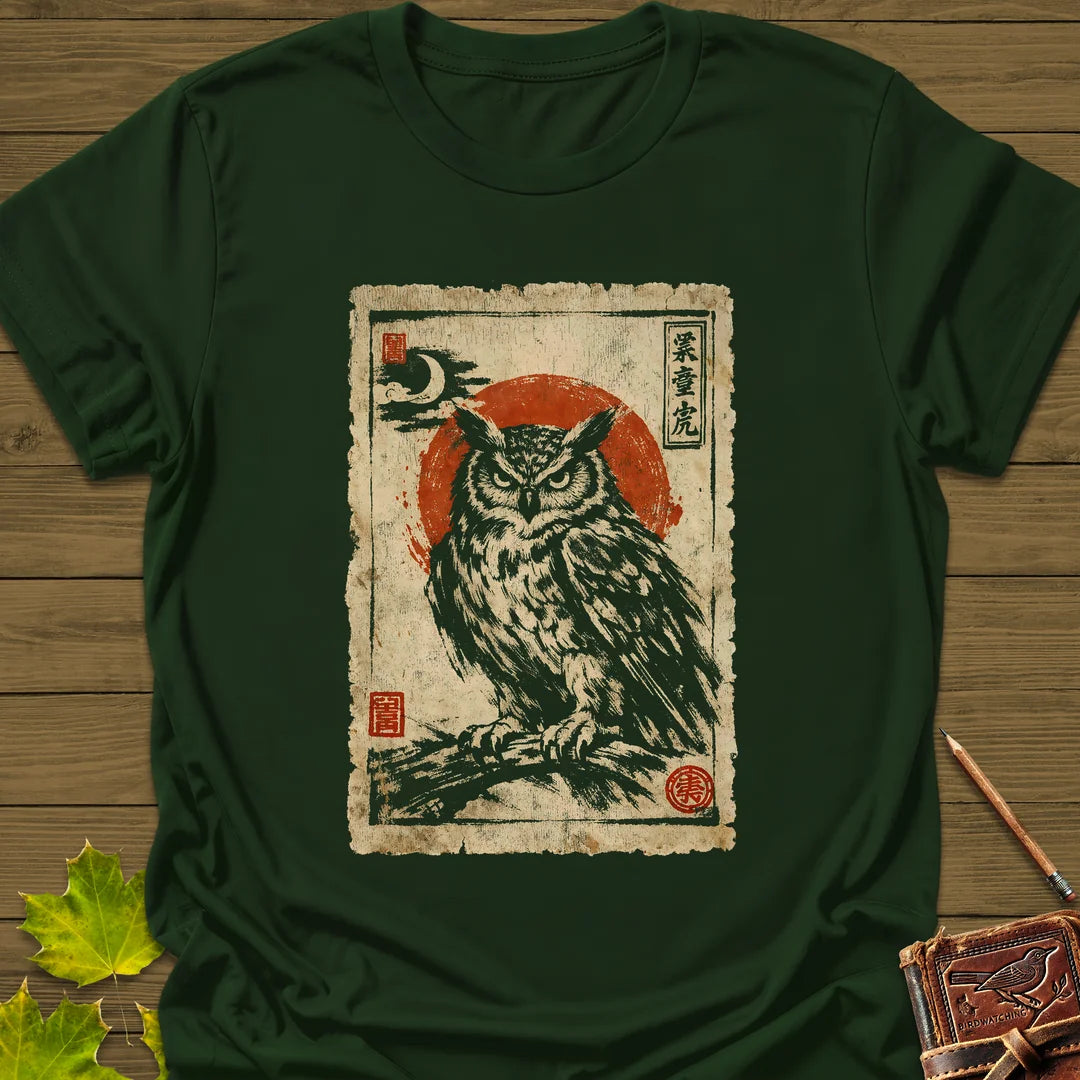 Owl Japanese Art T-Shirt in Forest Green