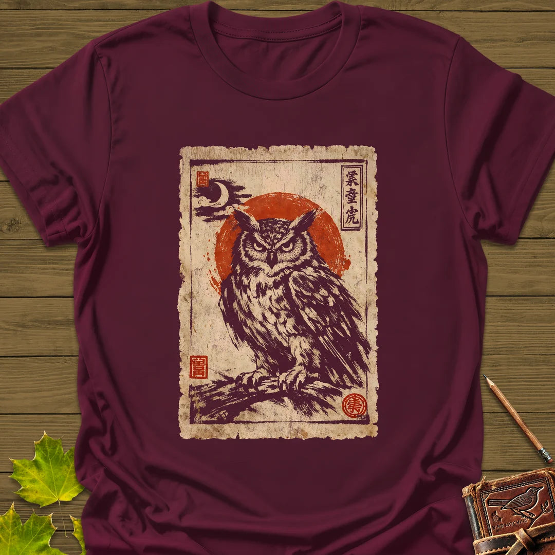 Owl Japanese Art T-Shirt in Maroon
