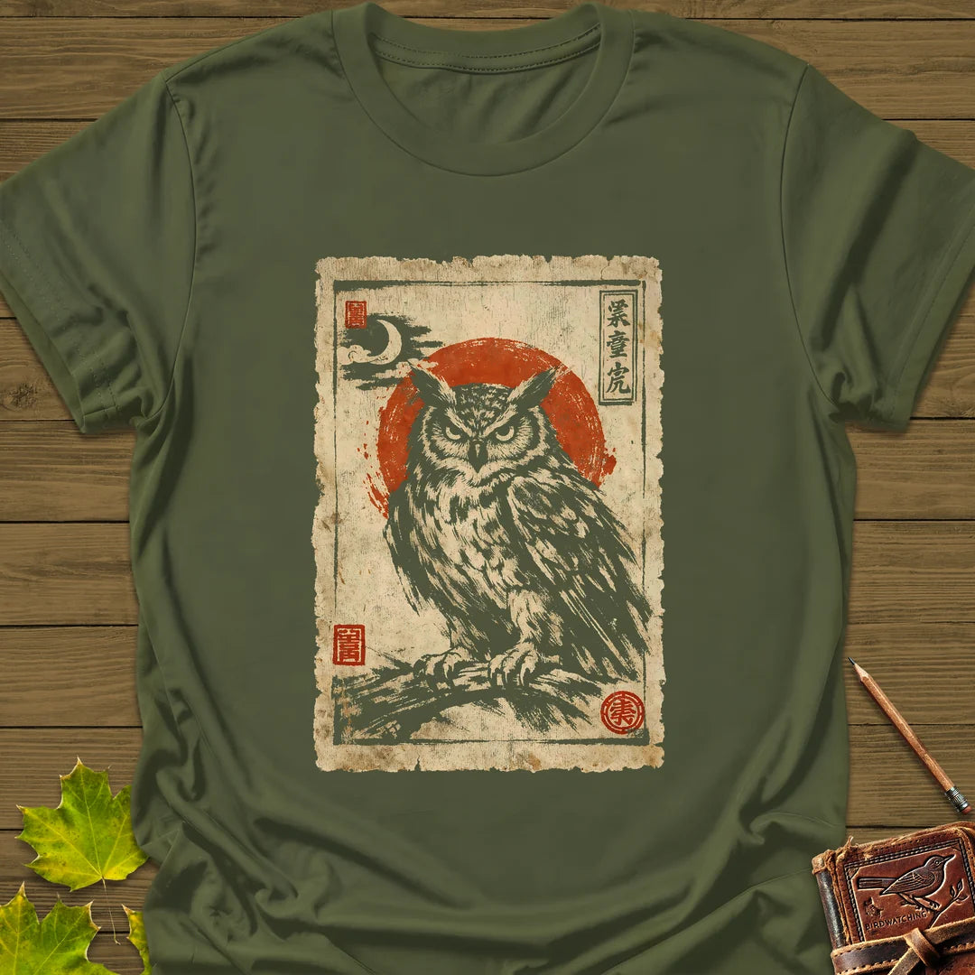 Owl Japanese Art T-Shirt in Military Green