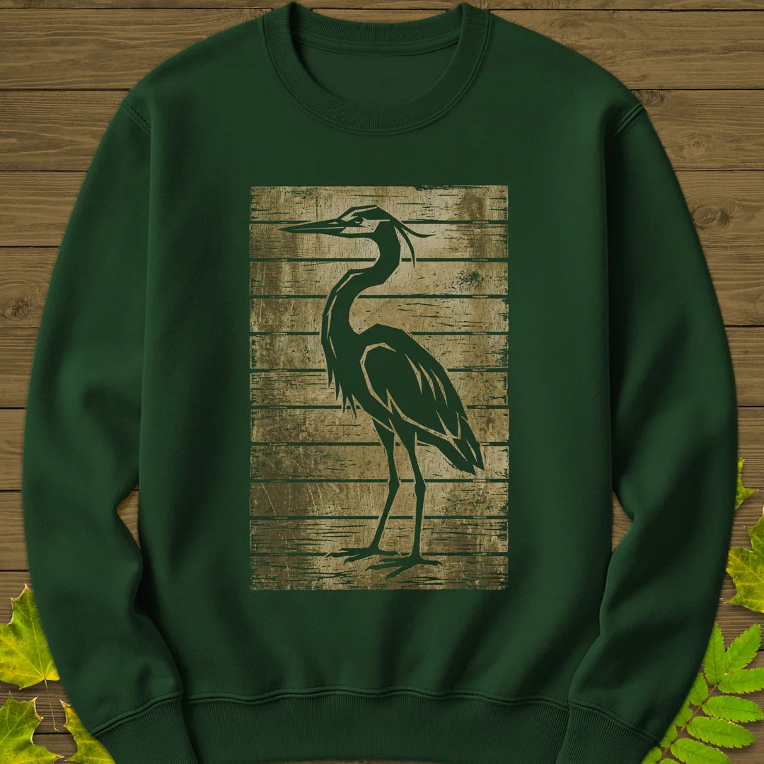 Rustic Heron Silhouette Sweatshirt in Forest Green