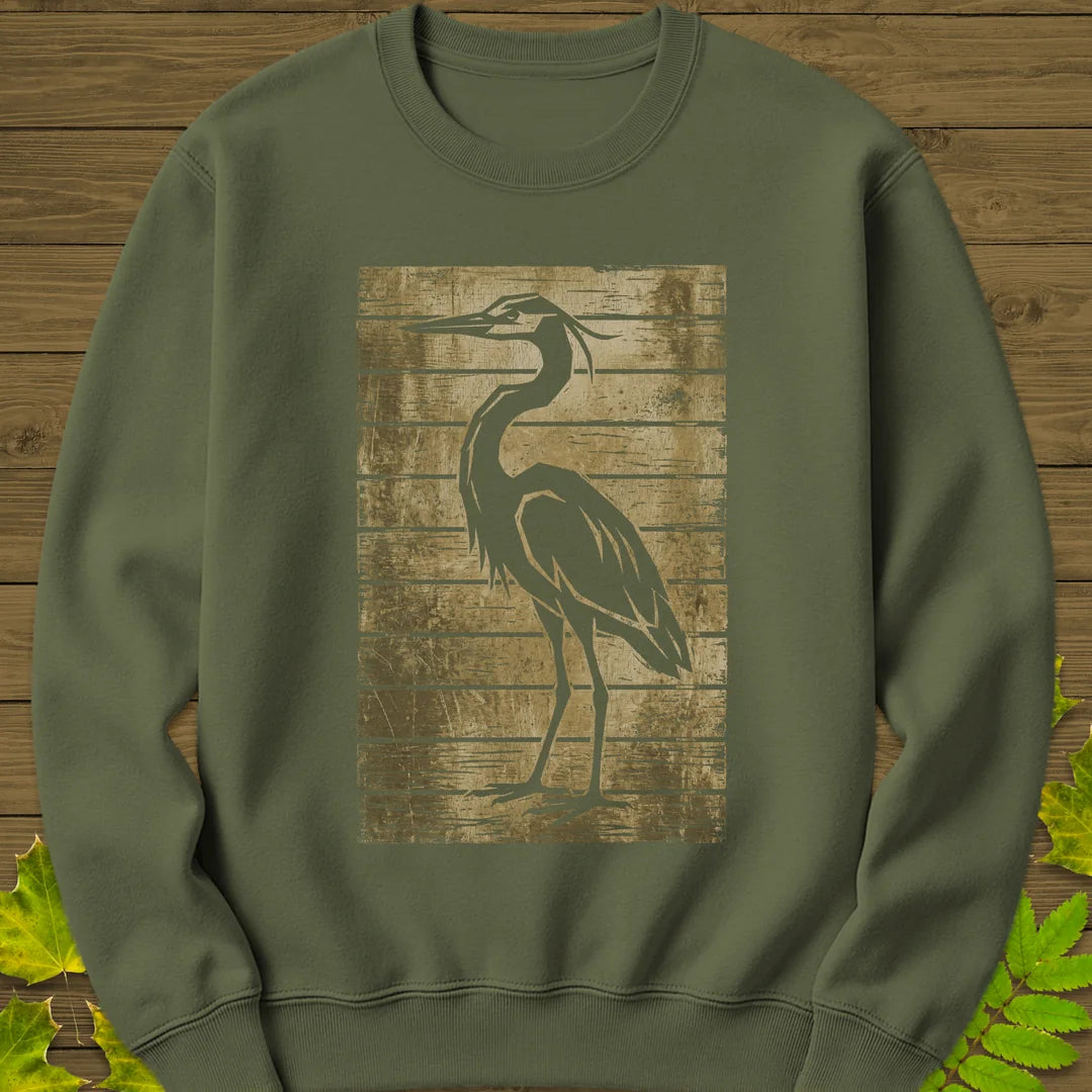 Rustic Heron Silhouette Sweatshirt in Military Green