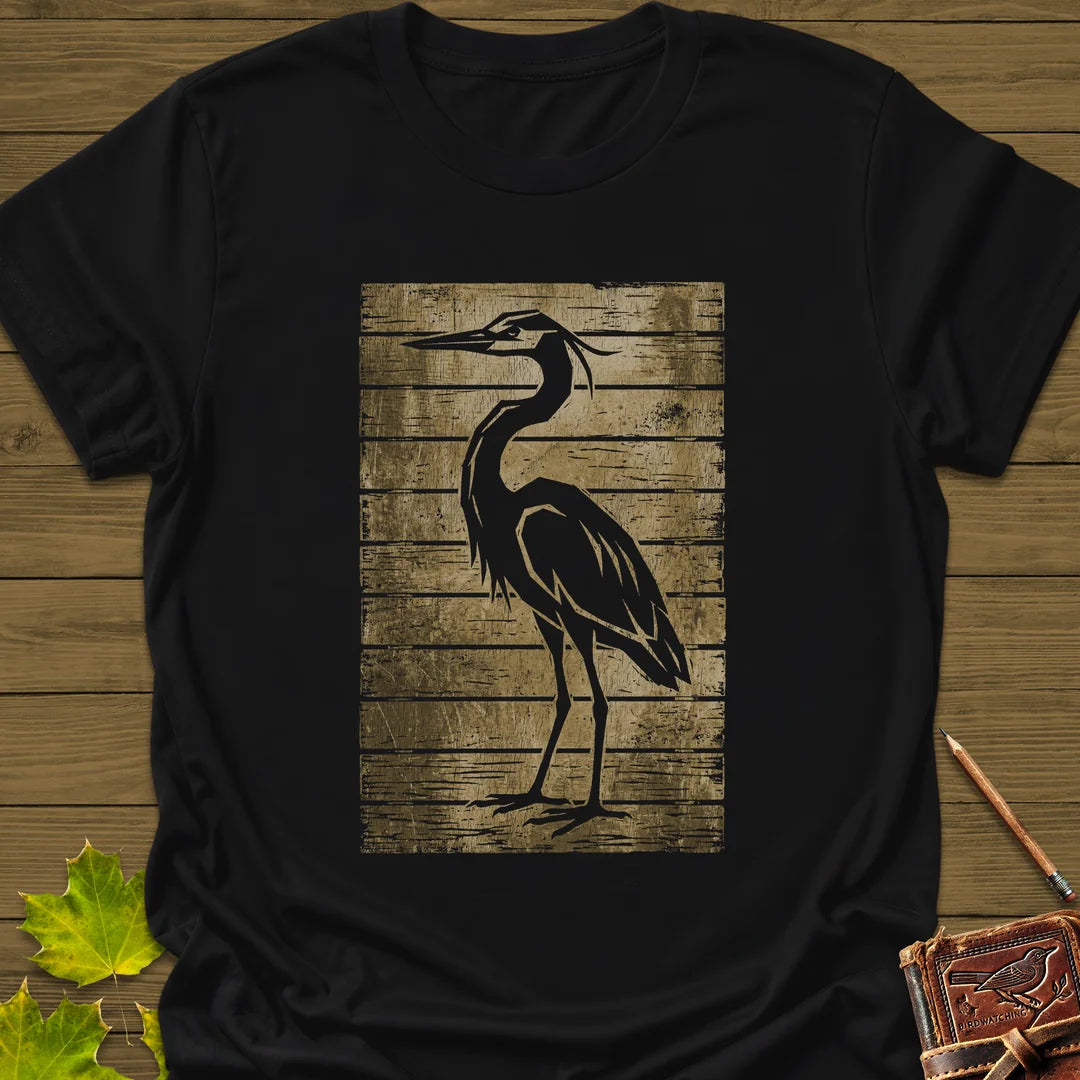 Rustic Heron Silhouette T-Shirt in Black