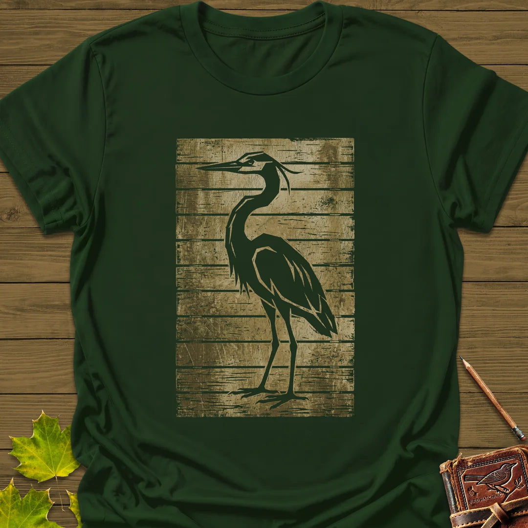 Rustic Heron Silhouette T-Shirt in Forest Green