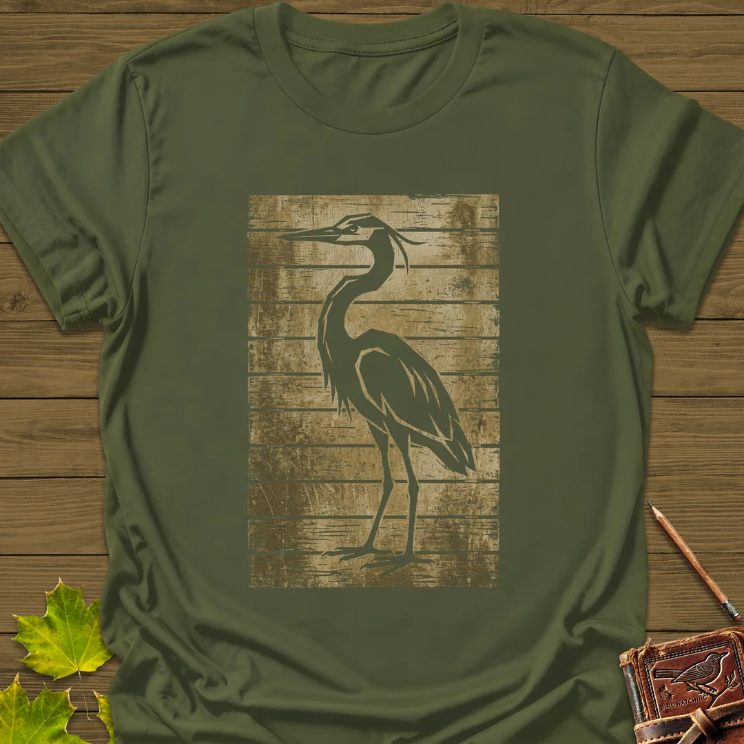 Rustic Heron Silhouette T-Shirt in Military Green