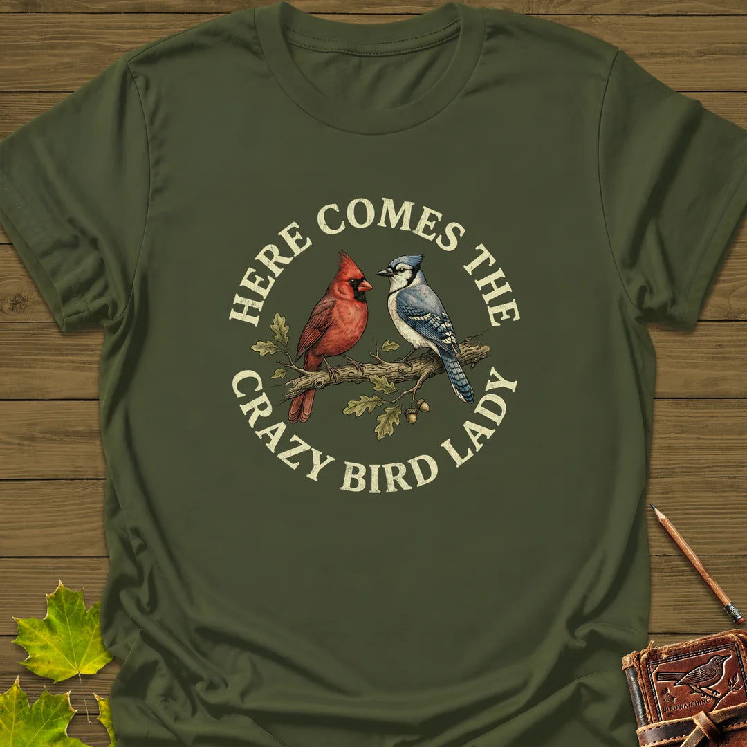 Crazy Bird Lady T-Shirt in Military Green