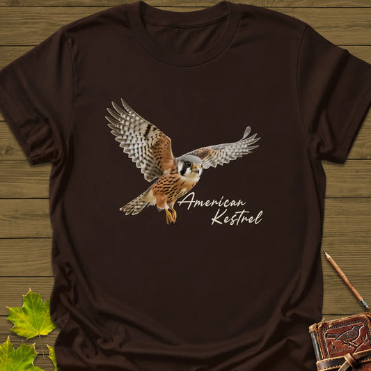 Flying American Kestrel T-Shirt in Dark Chocolate