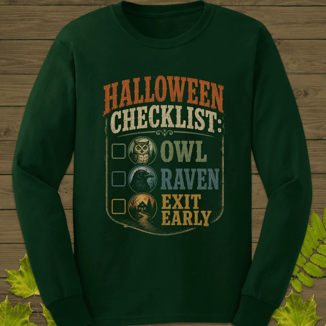 Halloween Bird Checklist Long Sleeve in Forest Green