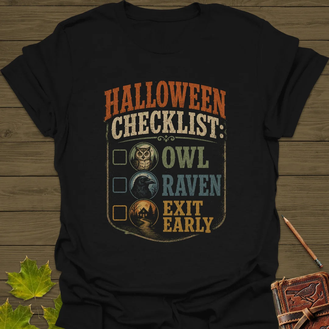 Halloween Bird Checklist T-Shirt in Black