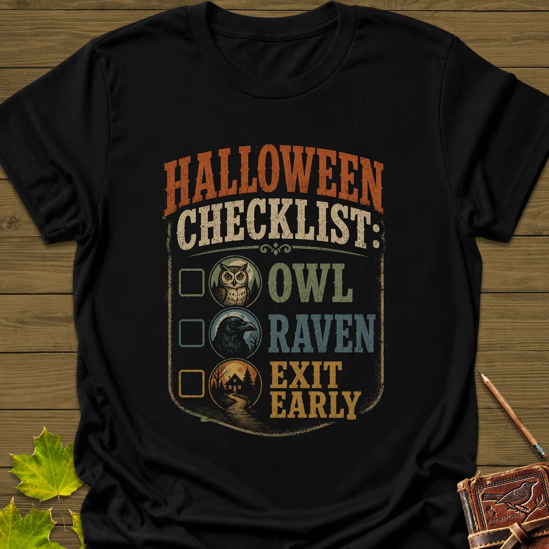 Halloween Bird Checklist T-Shirt in Black