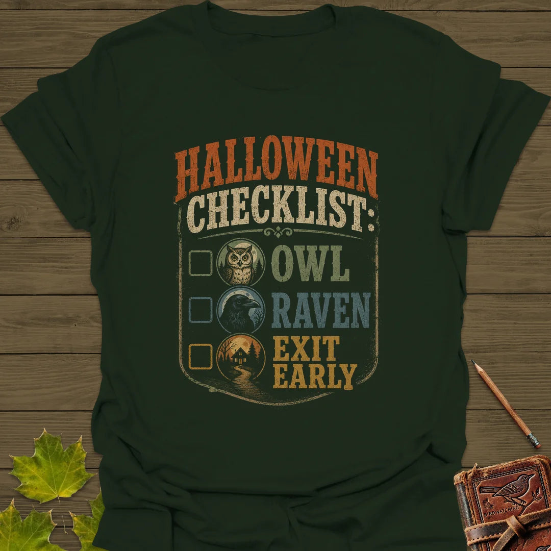 Halloween Bird Checklist T-Shirt in Forest Green