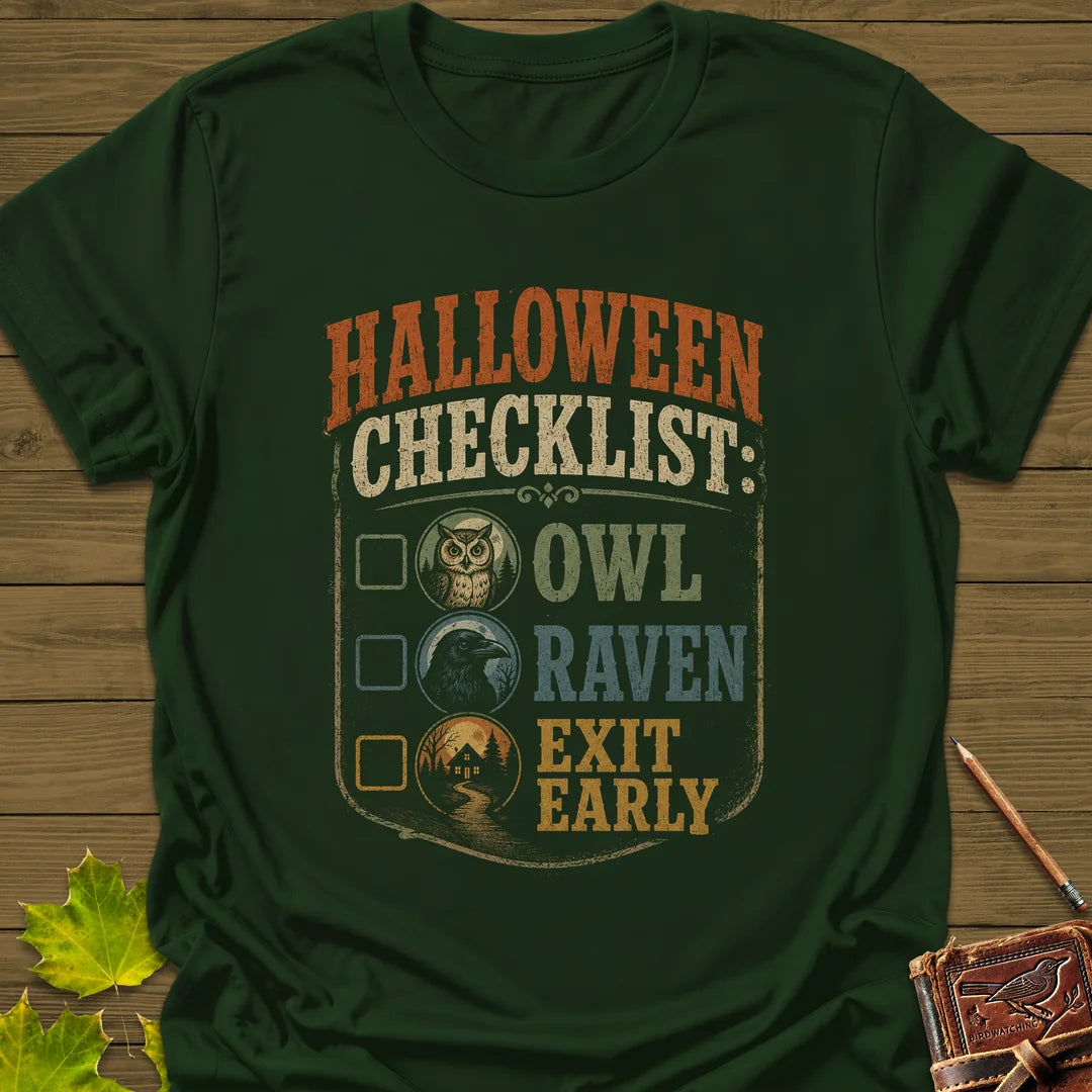 Halloween Bird Checklist T-Shirt in Forest Green