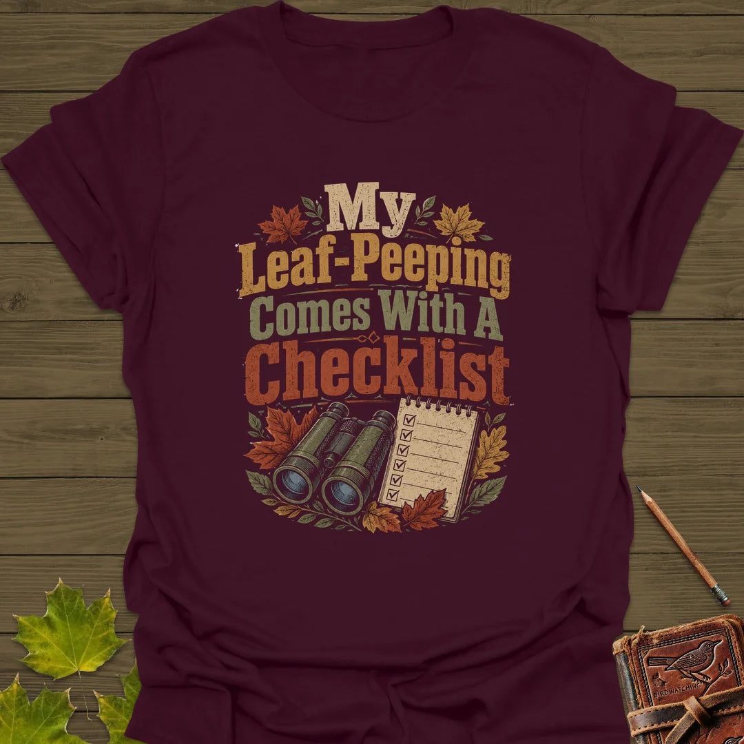 Leaf-Peeping Checklist T-Shirt in Maroon