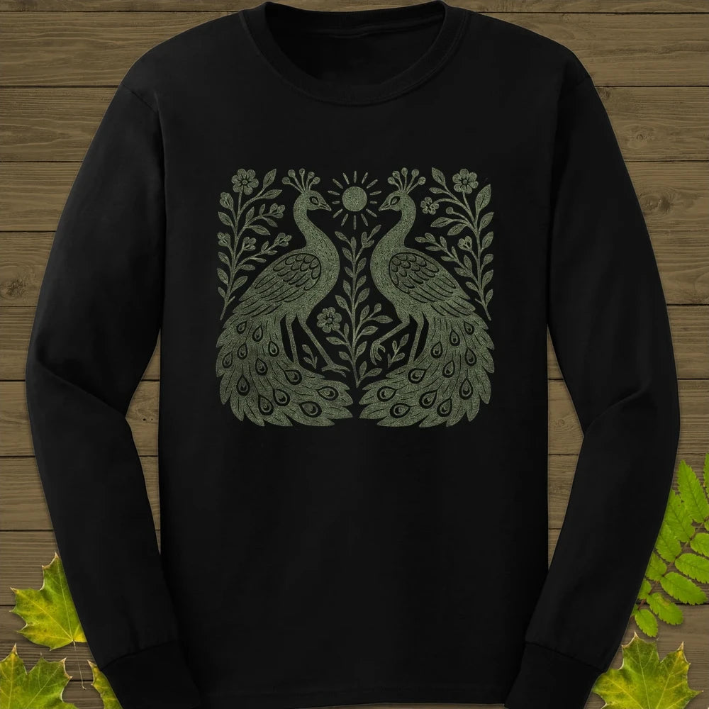 Peacock Vintage Print Long Sleeve Black
