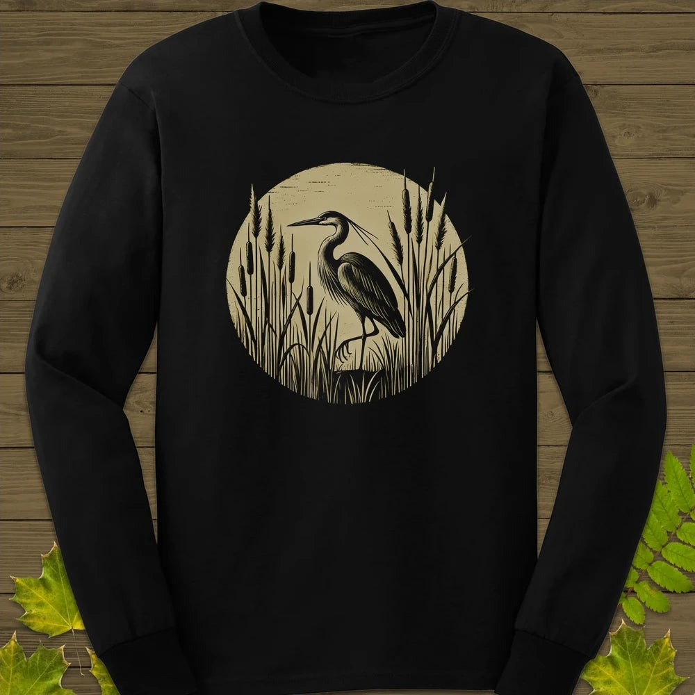 Rustic Wildlife Heron Long Sleeve Black