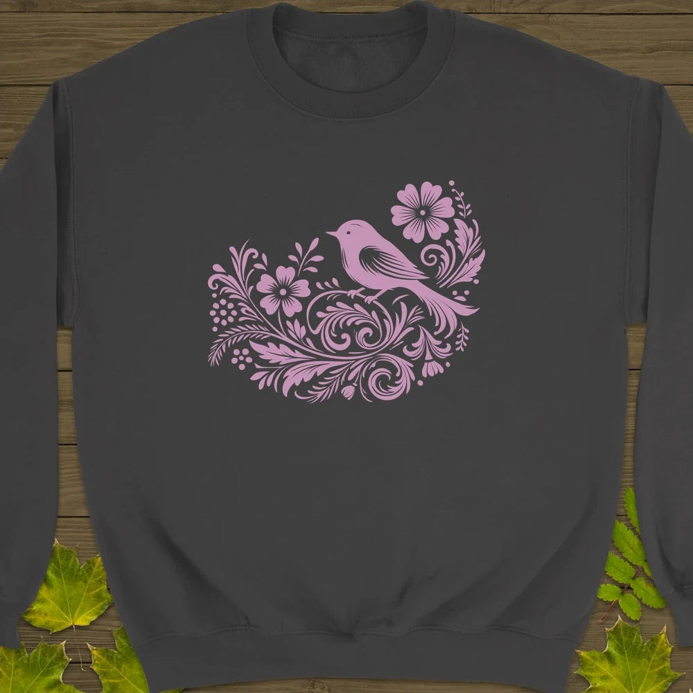 Floral Bird and Blooms Crewneck Sweatshirt Charcoal