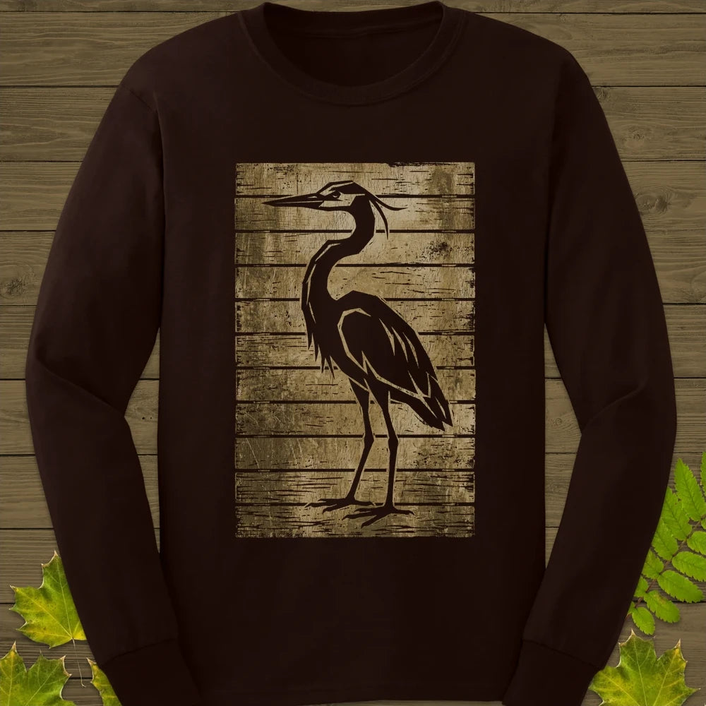 Rustic Heron Silhouette Long Sleeve Dark Chocolate