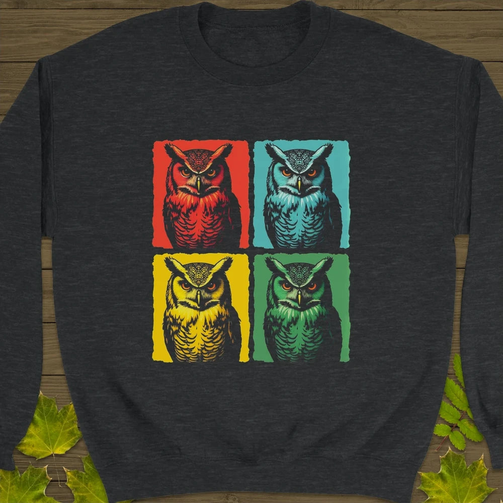 Owl Pop Art Crewneck Sweatshirt Dark Heather