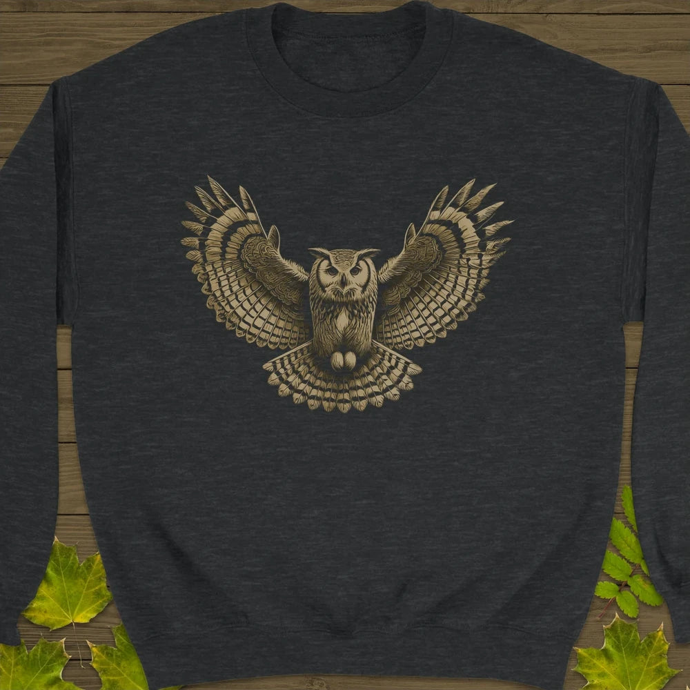 Winged Wisdom Owl Crewneck Sweatshirt Dark Heather