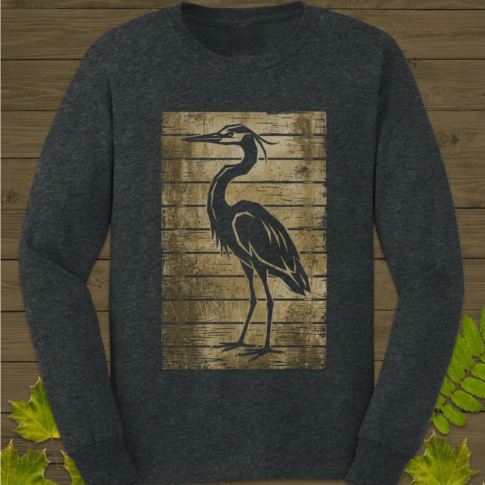 Rustic Heron Silhouette Long Sleeve Dark Heather