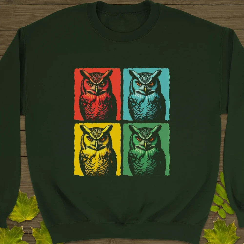 Owl Pop Art Crewneck Sweatshirt Forest Green
