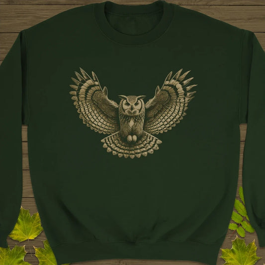 Winged Wisdom Owl Crewneck Sweatshirt Forest Green