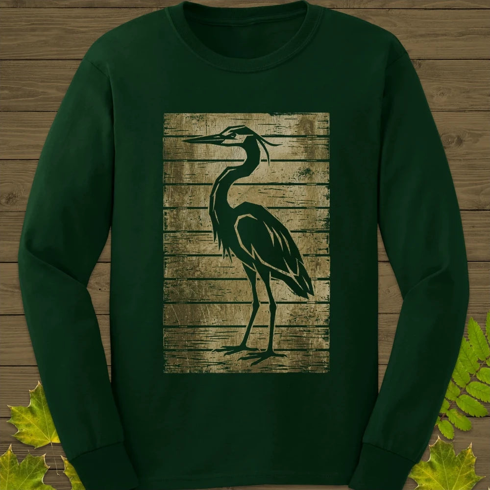 Rustic Heron Silhouette Long Sleeve Forest Green