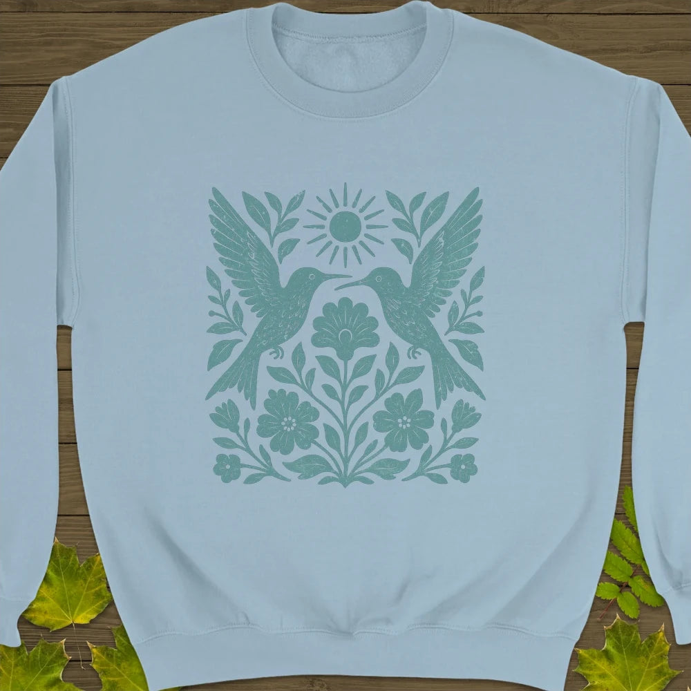 Hummingbird Folk Art Print Sweatshirt Light Blue