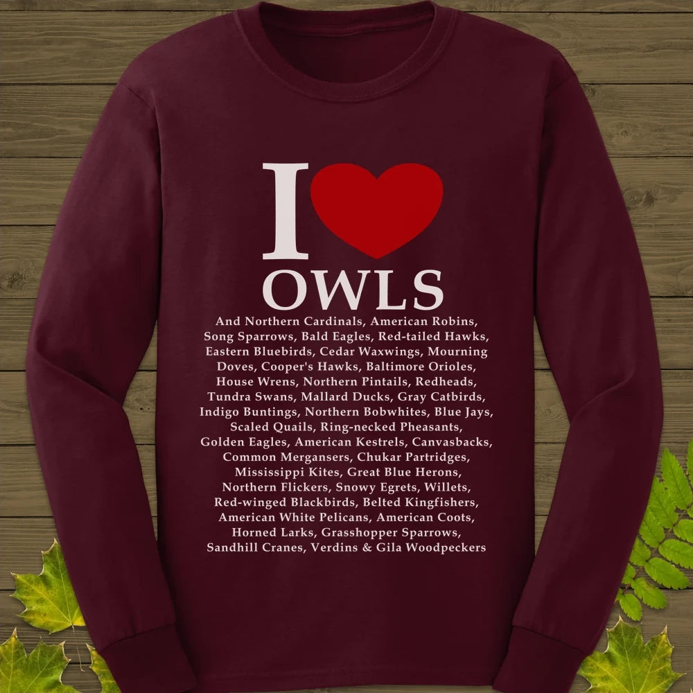 I Love Owls Long Sleeve Maroon