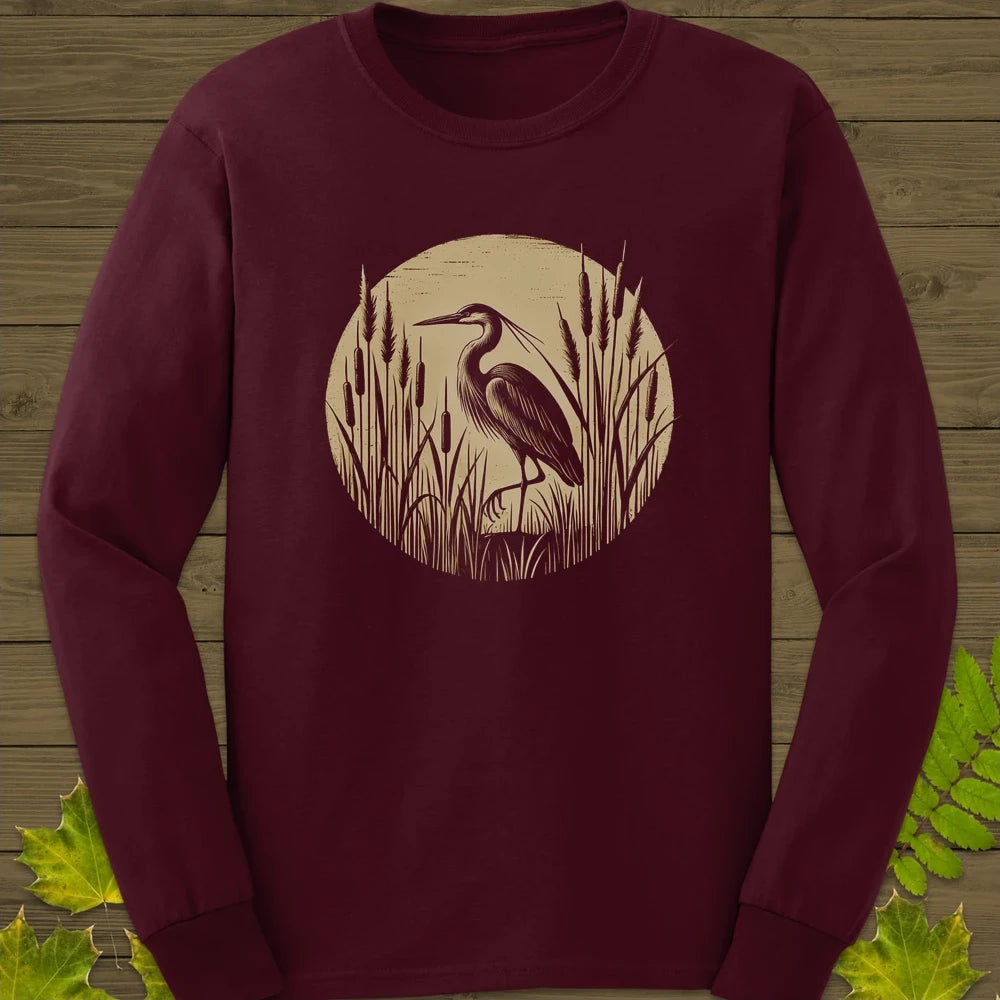 Rustic Wildlife Heron Long Sleeve Maroon