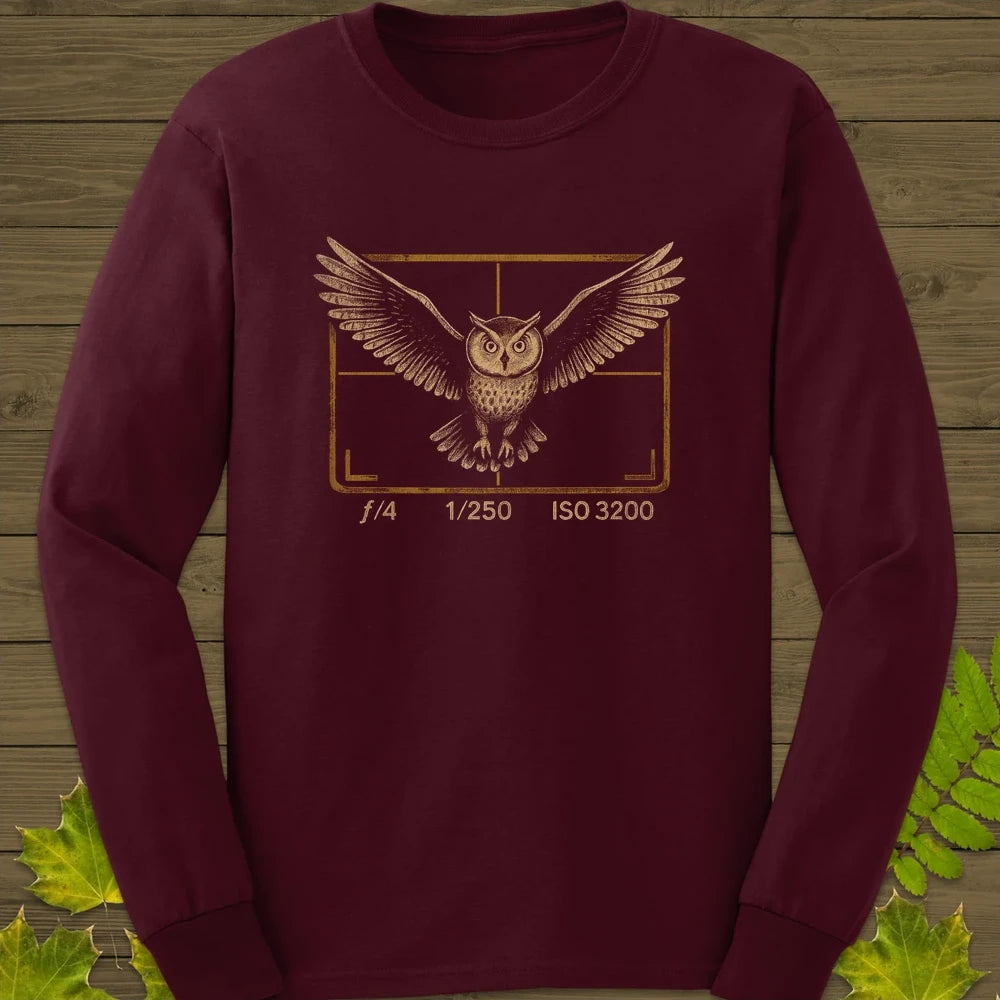 Owl and Camera Frame Long Sleeve Maroon