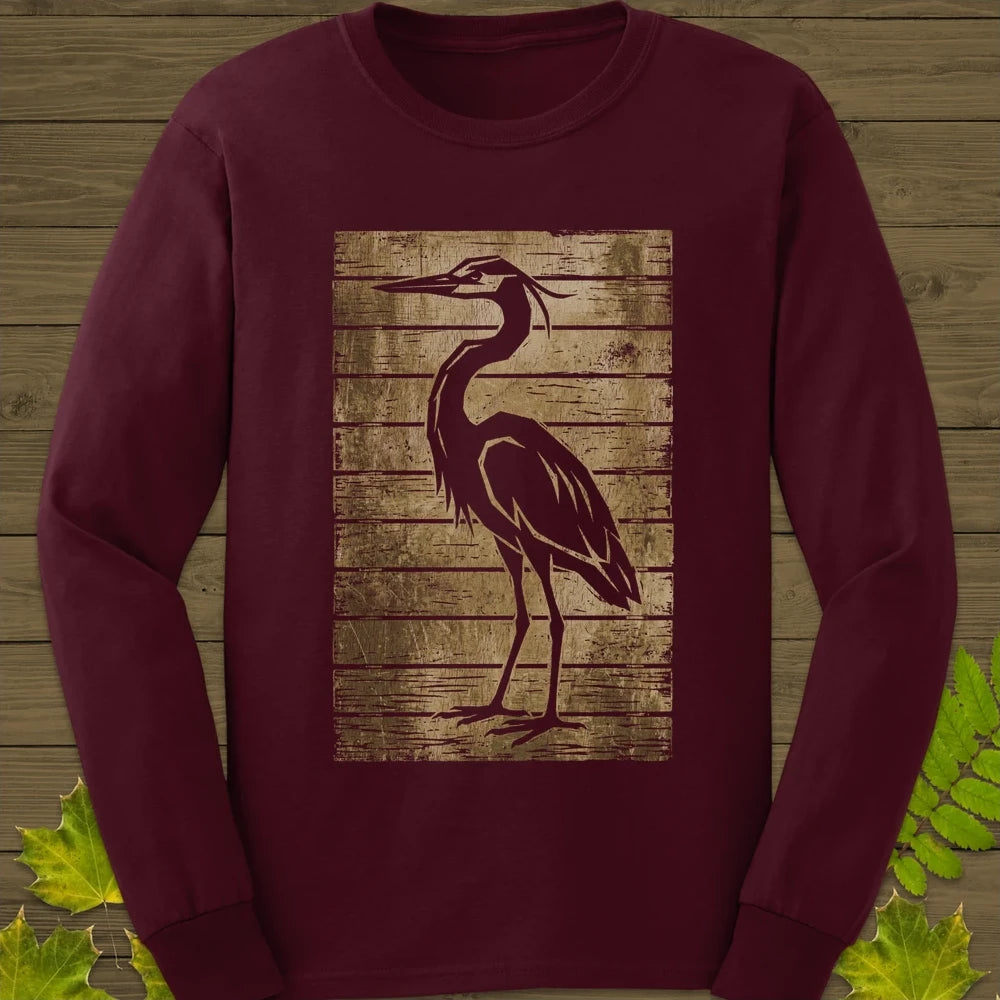 Rustic Heron Silhouette Long Sleeve Maroon