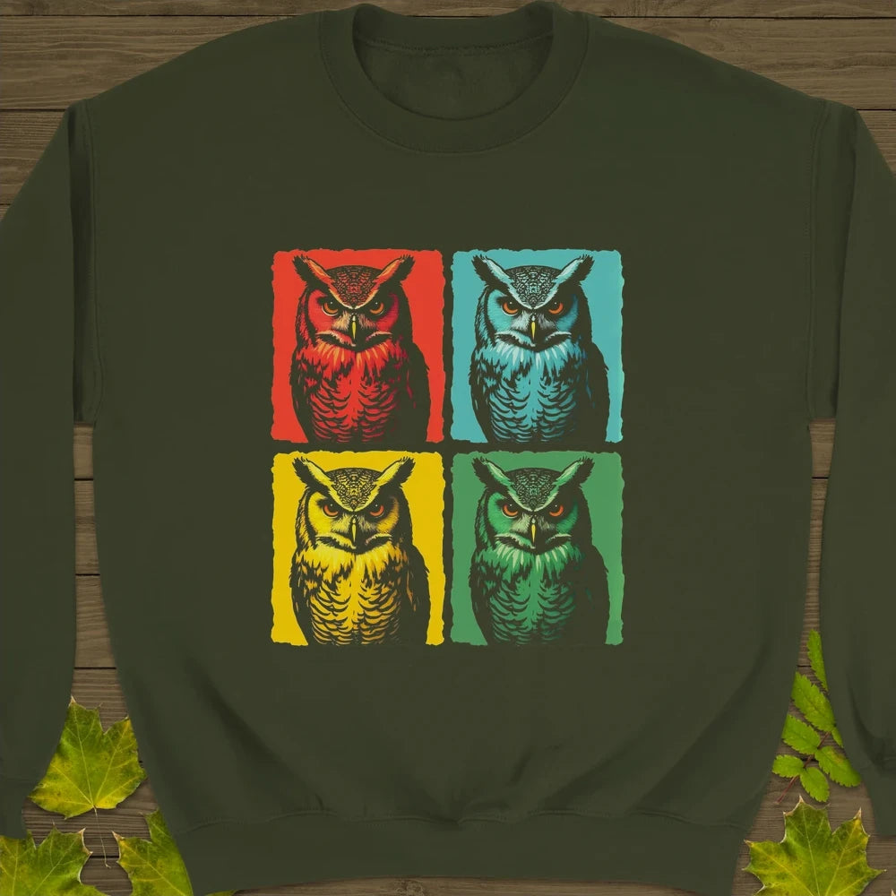 Owl Pop Art Crewneck Sweatshirt Military Green