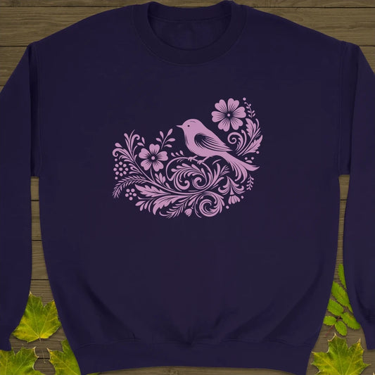 Floral Bird and Blooms Crewneck Sweatshirt Purple