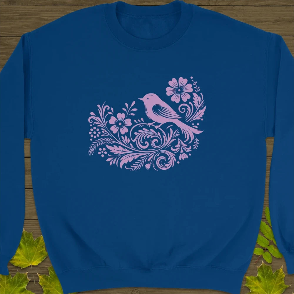 Floral Bird and Blooms Crewneck Sweatshirt Royal