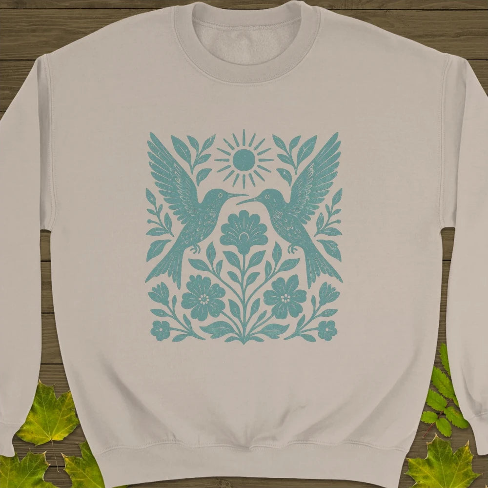 Hummingbird Folk Art Print Crewneck Sweatshirt Sand